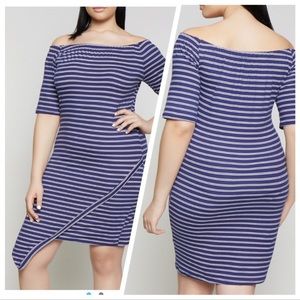 Nautical Navy & White Striped Off-Shoulder Dress•1X-3X